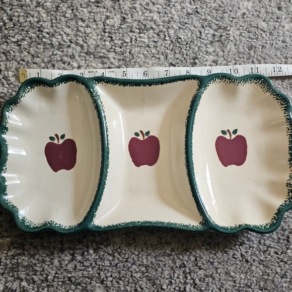 Vintage Stoneware Apple Spongeware 3-Part‎ Divided Relish Tray - Picture 3 of 6